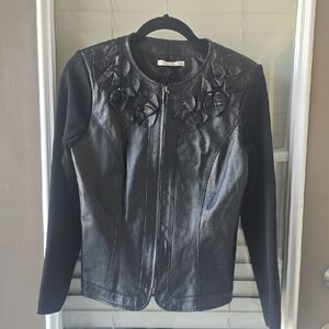Peter Nygard Black Leather Jacket with Floral Accents